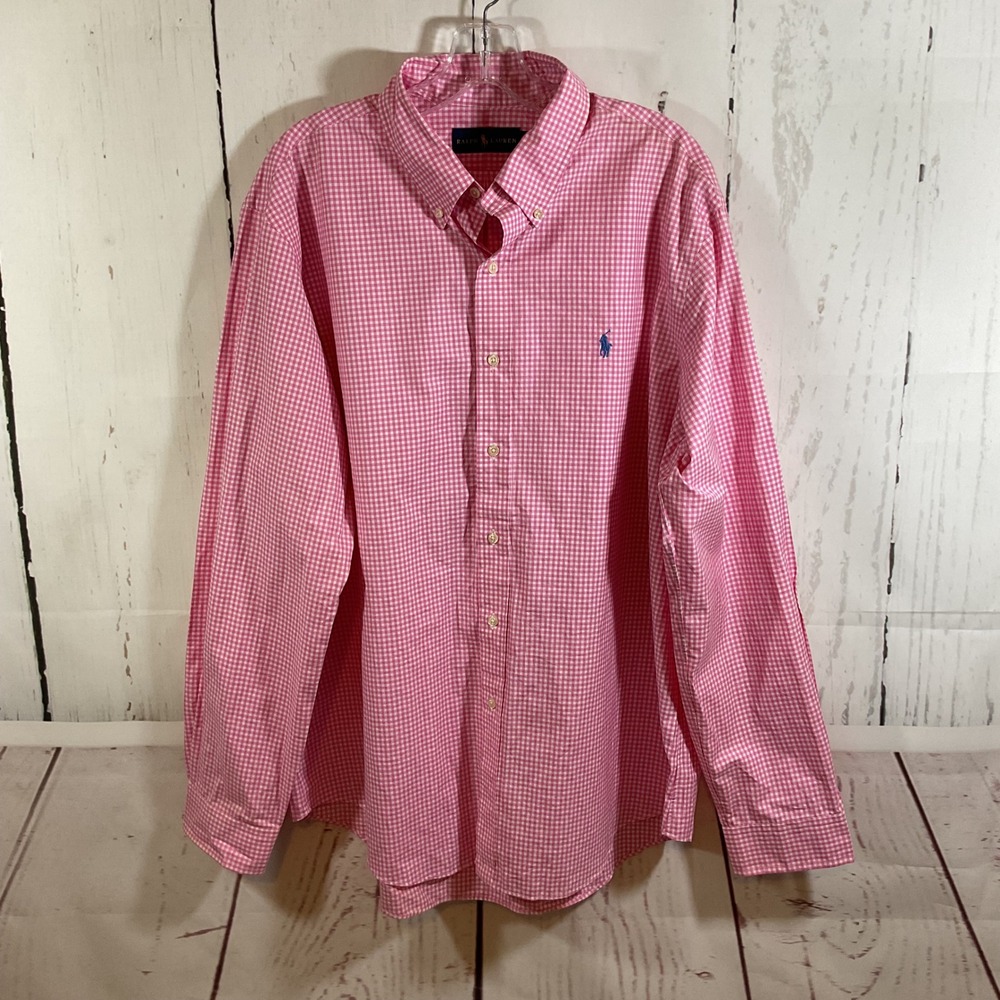Ralph Lauren Men XL Pink Gingham Check Button Down Shirt Long Sleeve Pony Preppy